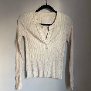 Aerie Rib Knit Long Sleeve Cream Tee Small Cozy Heritage Layering Top‎ Basic